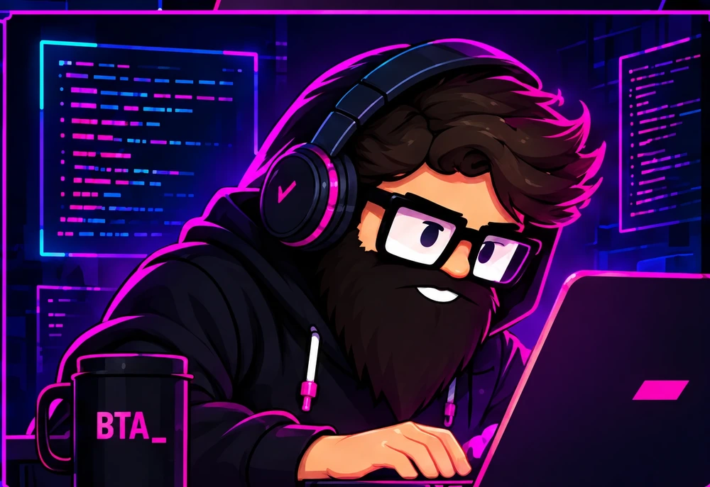 Charlie, la mascota de Backtrack Academy, con audífonos y lentes, trabajando en su laptop junto a una taza BTA_